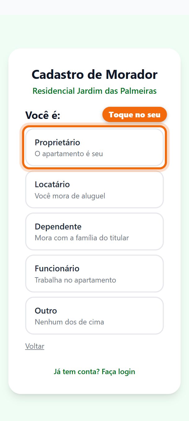 Passo 6: Escolhe o perfil: proprietário, locatário, dependente, funcionário ou outro. Sem escolher, o cadastro não segue.