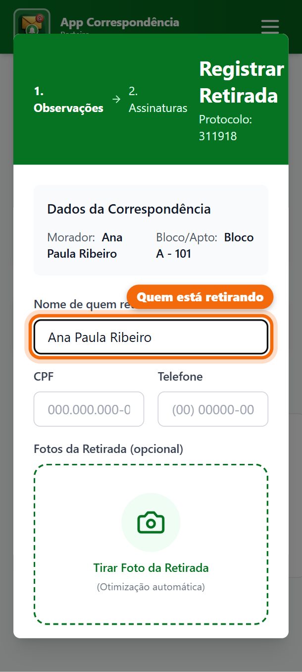 Passo 3: Confira o nome de quem está retirando. Se for outra pessoa, troque o nome.