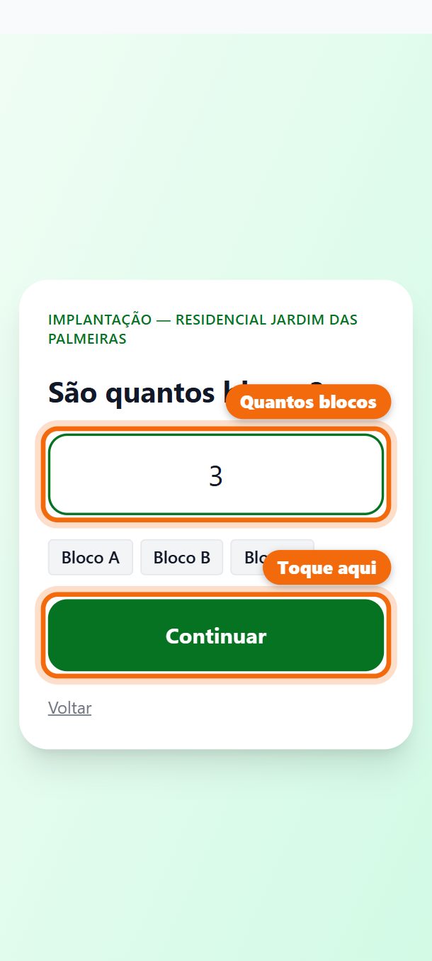 Passo 2: Diga quantos blocos são. O sistema já dá os nomes (Bloco A, Bloco B...). Toque em Continuar.