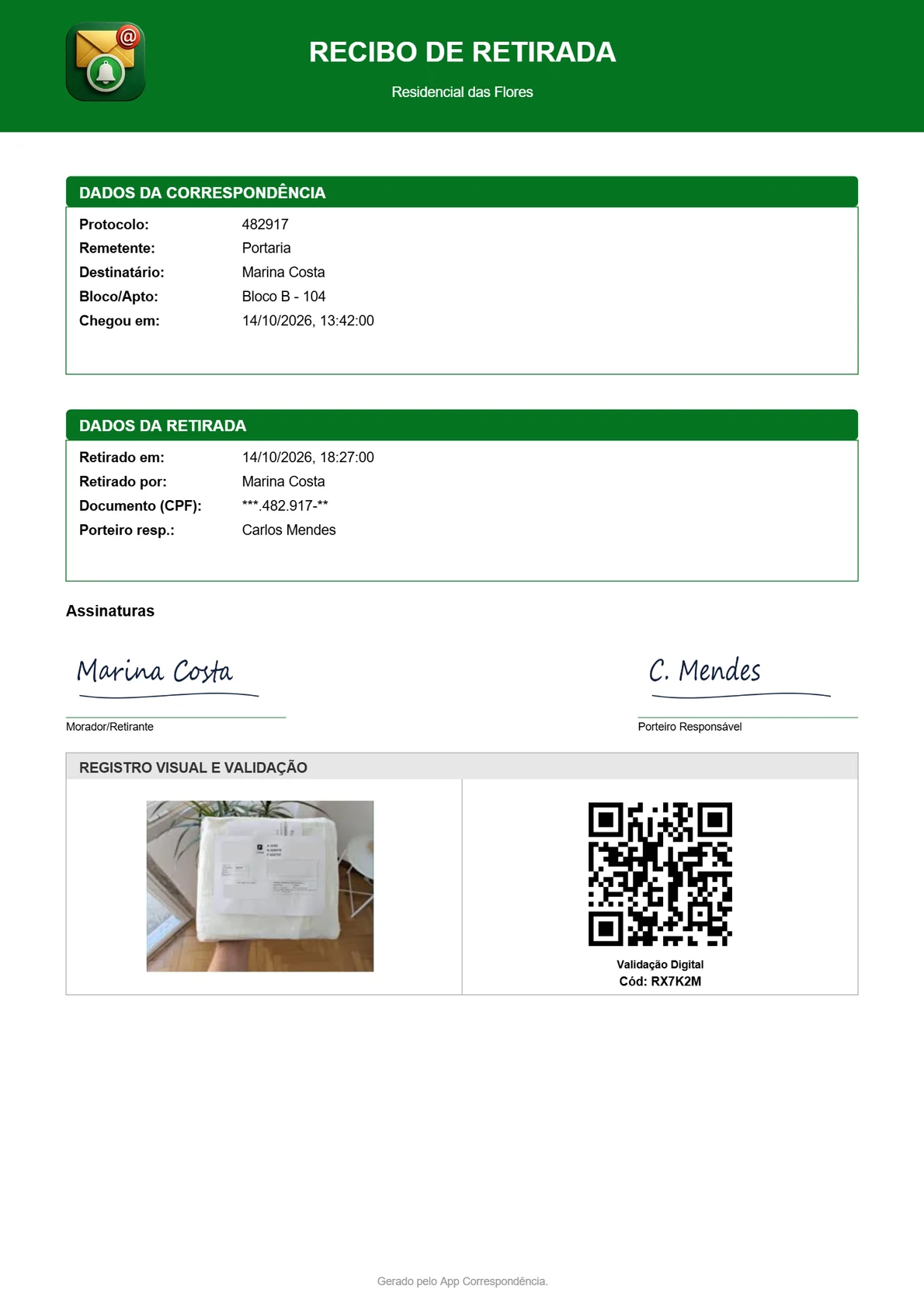 Recibo de retirada em PDF com as assinaturas do morador e do porteiro