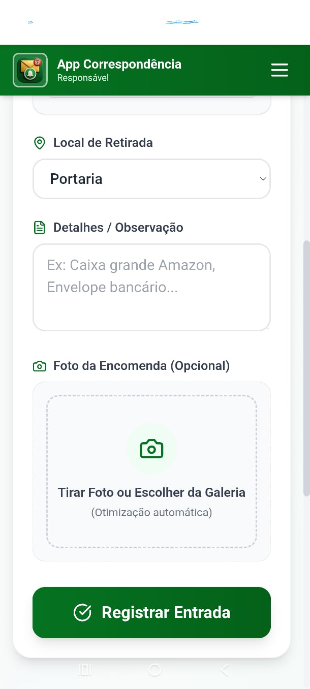 Parte final da tela Nova Encomenda, com observação, foto da encomenda e o botão Registrar Entrada