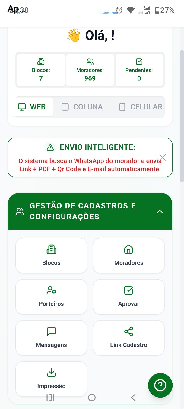 Painel do responsável com o bloco Gestão de cadastros e configurações