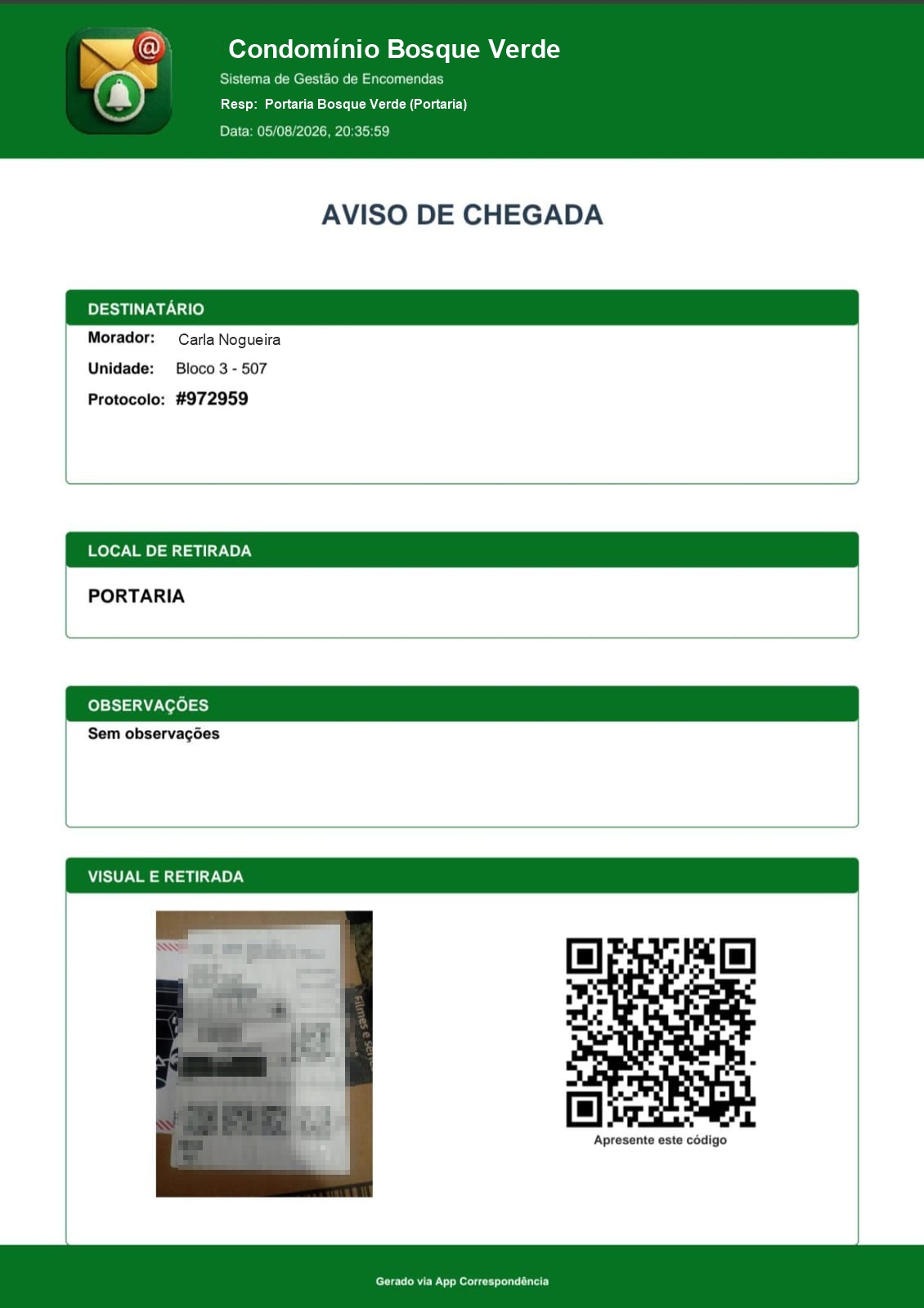 Documento Aviso de Chegada com destinatário, protocolo, local de retirada, foto e QR Code