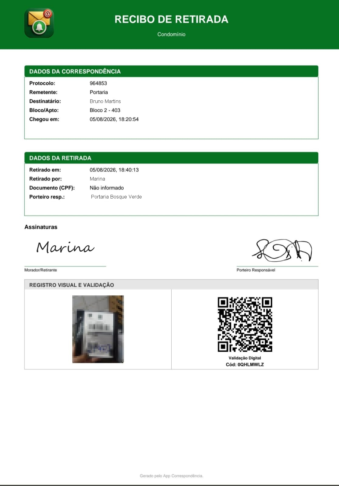 Documento Recibo de Retirada com dados da entrega, assinaturas e código de validação