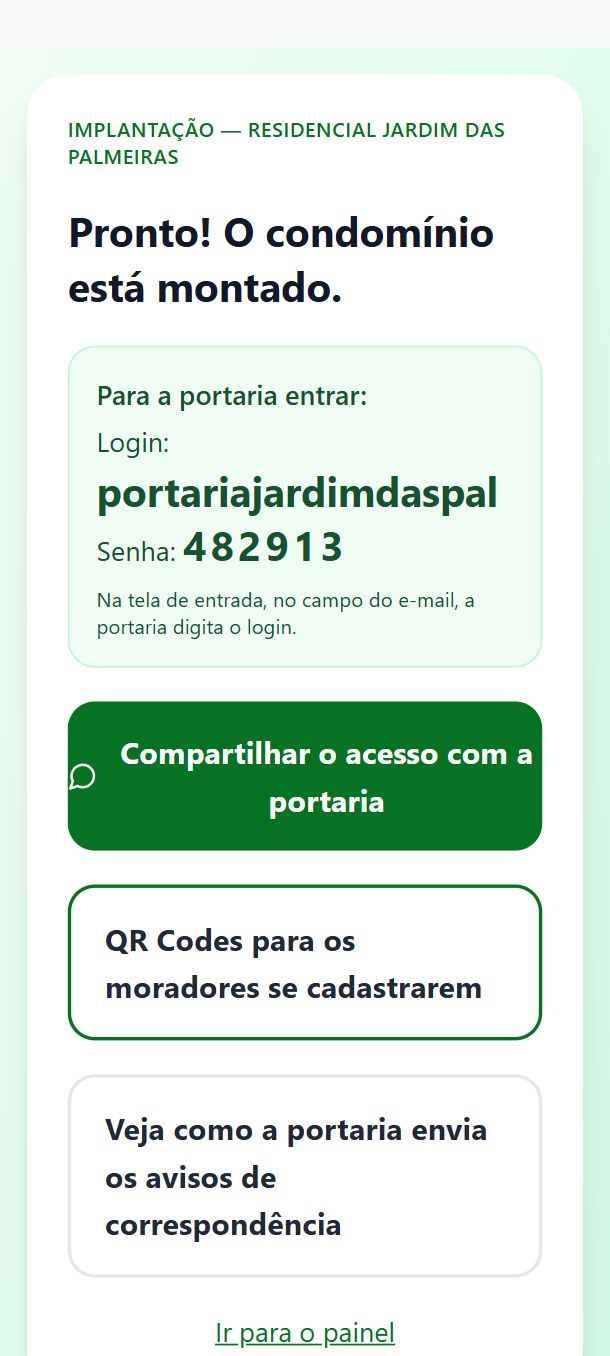 Tela final com o login e a senha da portaria e o botão para compartilhar o acesso