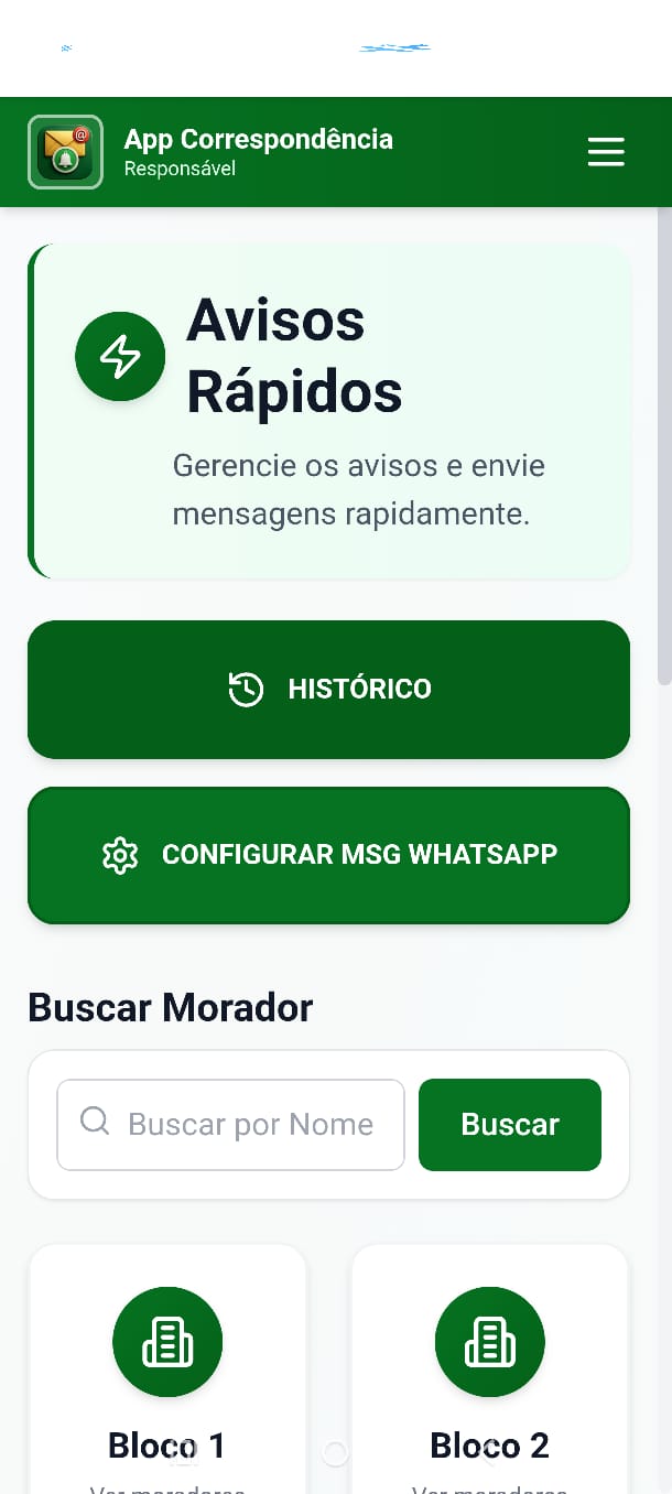 Tela Avisos Rápidos com os botões Histórico e Configurar Mensagem WhatsApp