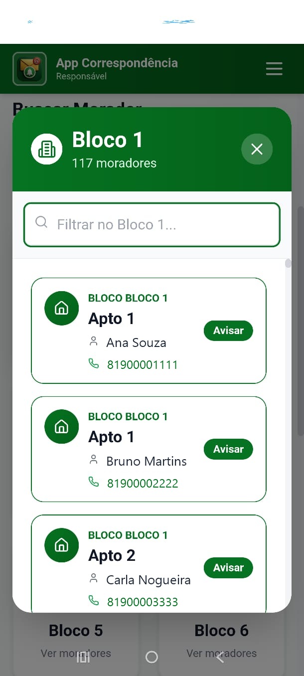 Lista de moradores do bloco com o botão Avisar em cada apartamento